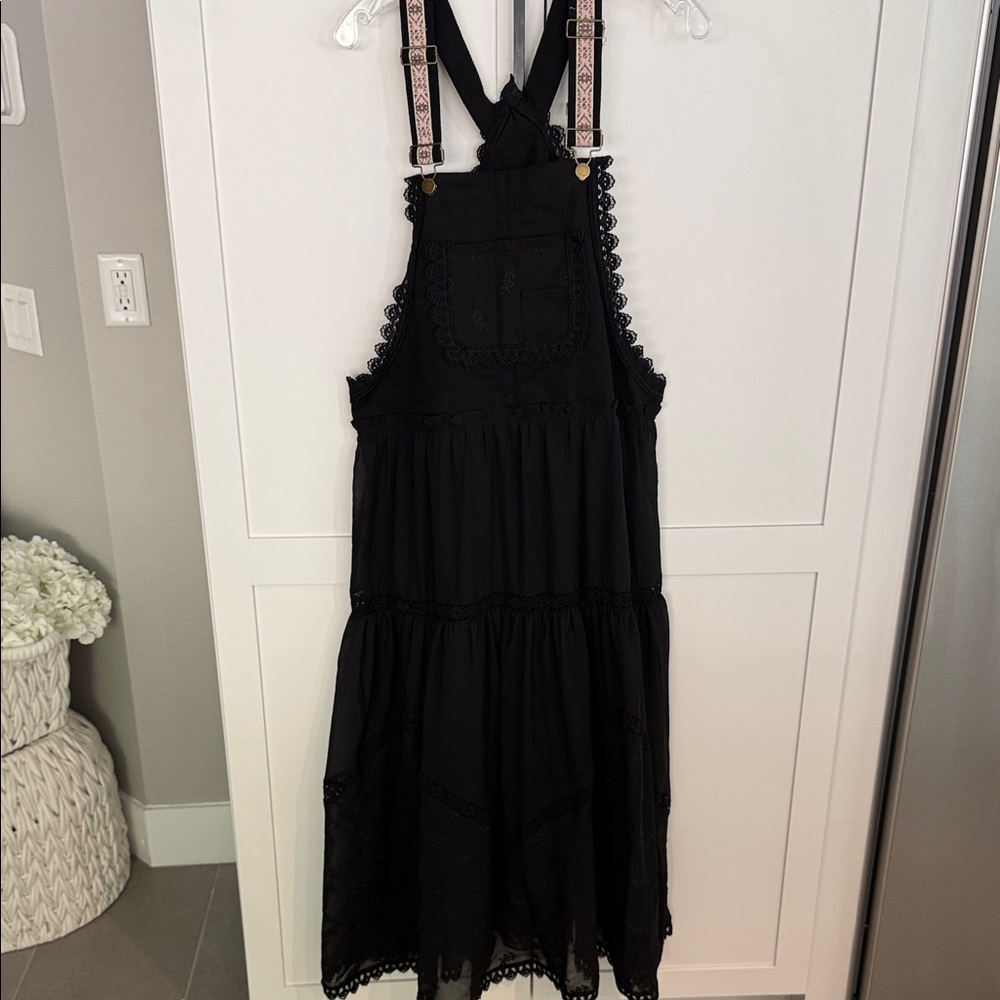 Black Tiered Pinafore Dress with Embroidered Pocket